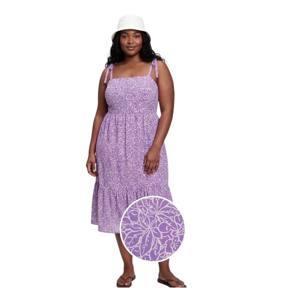 Gap Purple White Floral Tie Shoulder Tiered Midi Dress XXL Cotton Sleeveless